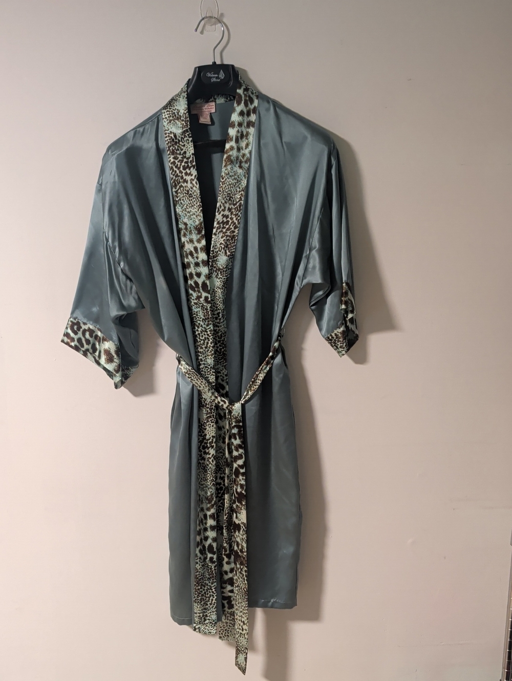 Silky Sage Leopard Trim Robe - Women's Silk Kimono Wrap Panthera Robe